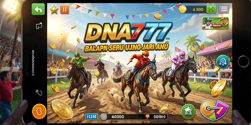 Screenshot utama DNA777 menampilkan aksi balapan yang mendebarkan.