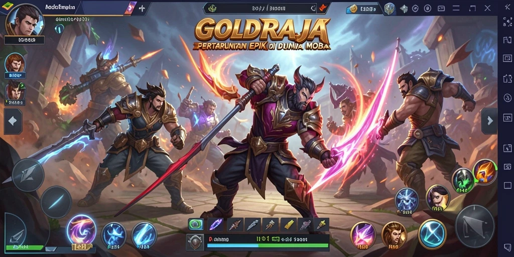Tangkapan layar gameplay GOLDRAJA menampilkan aksi MOBA yang memukau.