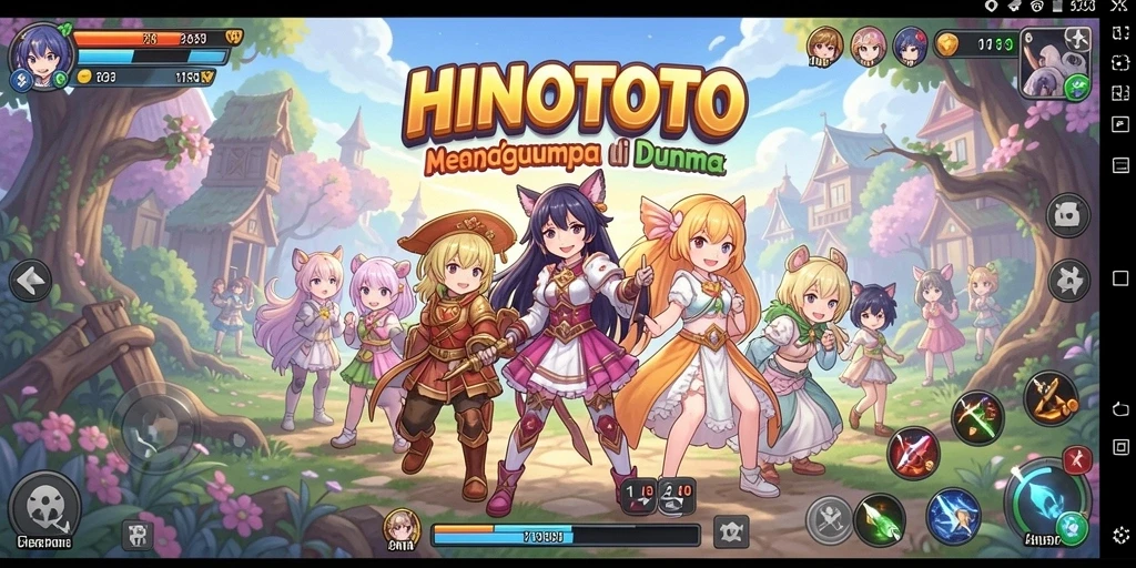Tampilan gameplay HINOTOTO dengan karakter anime berwarna-warni.