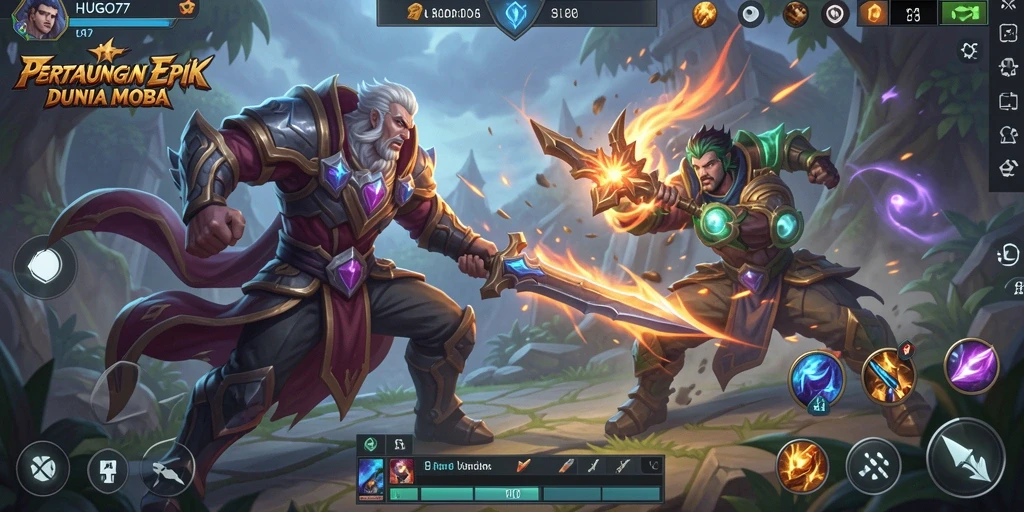 Tangkapan layar HUGO77 menampilkan aksi seru dalam pertarungan tim MOBA.
