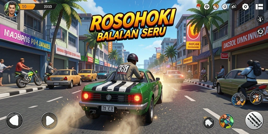 Screenshot gameplay ROSOHOKI menampilkan aksi balapan yang mendebarkan.