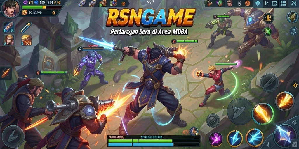 Tangkapan layar RSNGAME menampilkan aksi seru dalam gameplay MOBA.