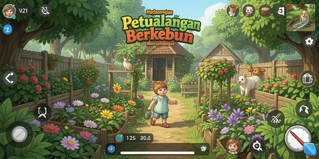 Tampilan gameplay V21 yang menarik dalam aktivitas berkebun.